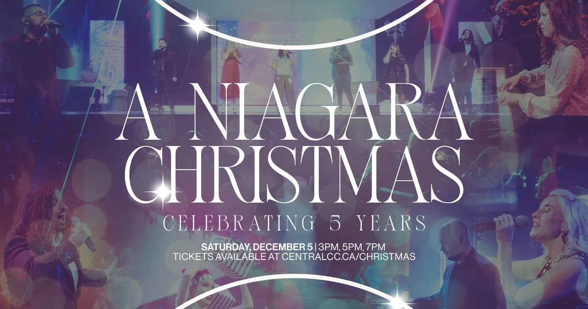 A Niagara Christmas 2026 title artwork over a purple-toned collage of last year’s singers and musicians, Celebrating 5 Years, Saturday, December 5 at 3pm, 5pm and 7pm.