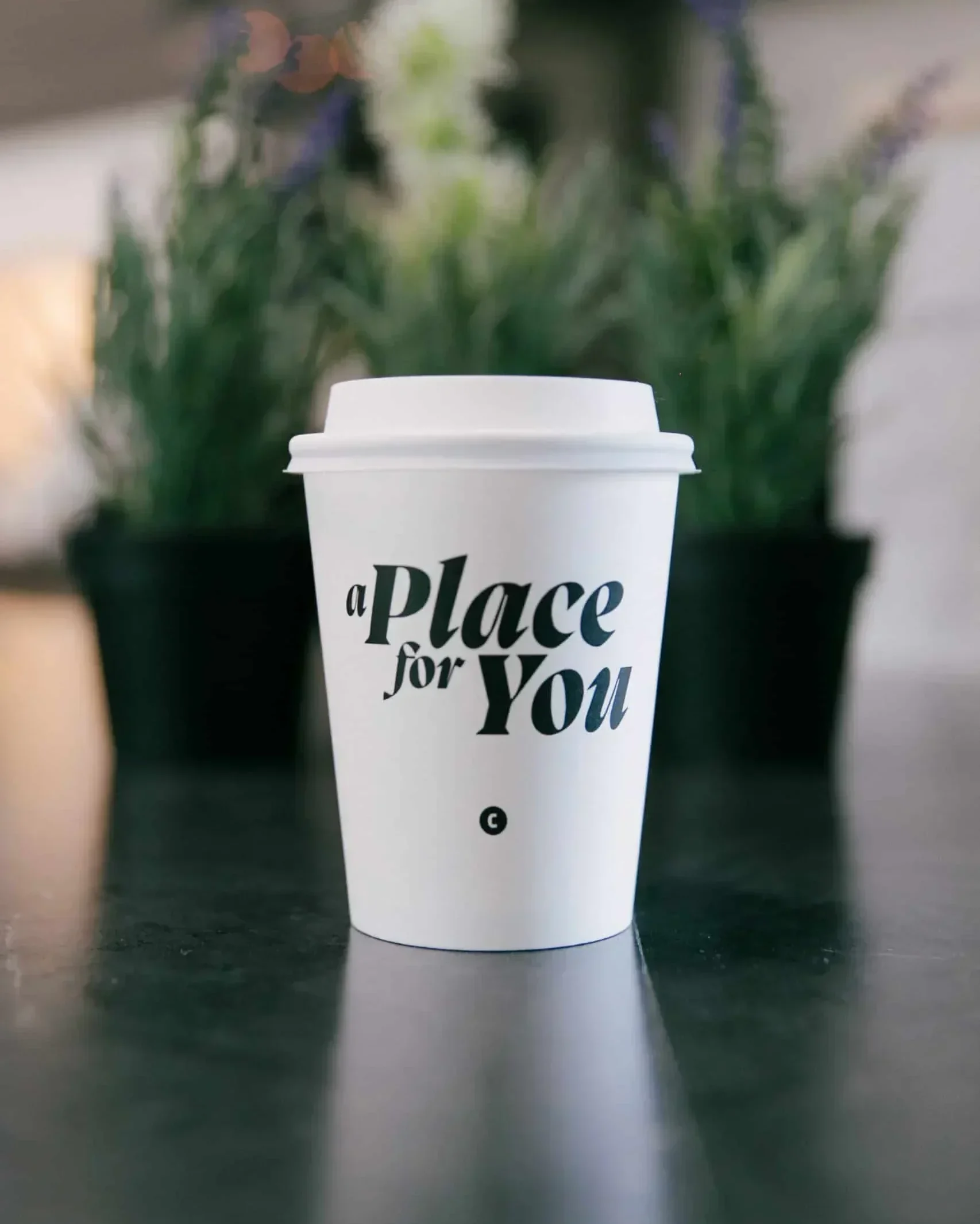A Central branded takeaway coffee cup reading "a Place for You" on a counter in front of a potted plant.